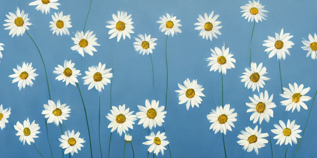 Image similar to light blue daisies on bottom half of painting, matte painting, white background