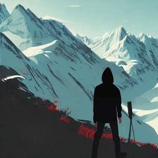 Image similar to person with hoodie walking up a mountain with a backpack that has katanas on the sides by ilya kuvshinov, amazing composition, astonishing detail, smooth lines, beautiful scenery