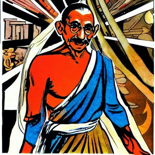 Prompt: Gandhi in an action pose in the style of jack kirby, comic book art, Jack kirby art,