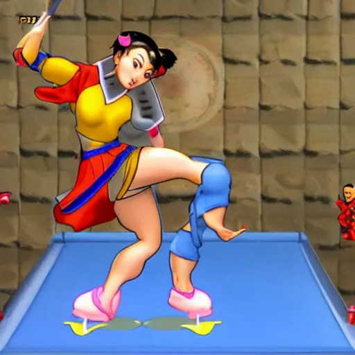 Image similar to chun li bouncing on a goomba with a pogo stick