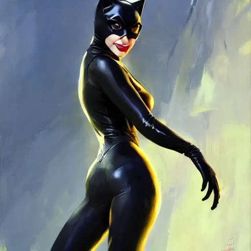 Image similar to Greg Manchess portrait painting of Catwoman as Overwatch character, medium shot, asymmetrical, profile picture, Organic Painting, sunny day, Matte Painting, bold shapes, hard edges, street art, trending on artstation, by Huang Guangjian and Gil Elvgren and Sachin Teng