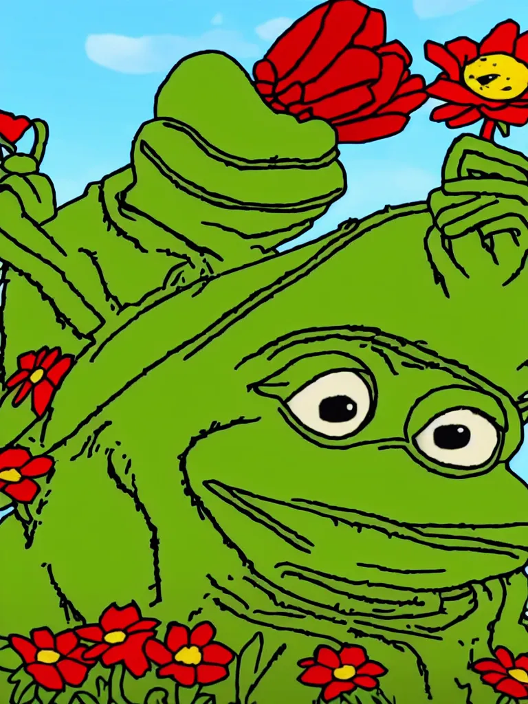 Prompt: resolution 4k hyper realistic film reel of pepe the frog red dead redemption 2 wandering army of pepe the frog a field of flowers a sunny day wholesome soft and warm picnic of breads and fruit sitting on a blanket pepe the frog. the sky is blue and filled with gods love the third rike will rise again hail pepe , rainbows of sweet angels