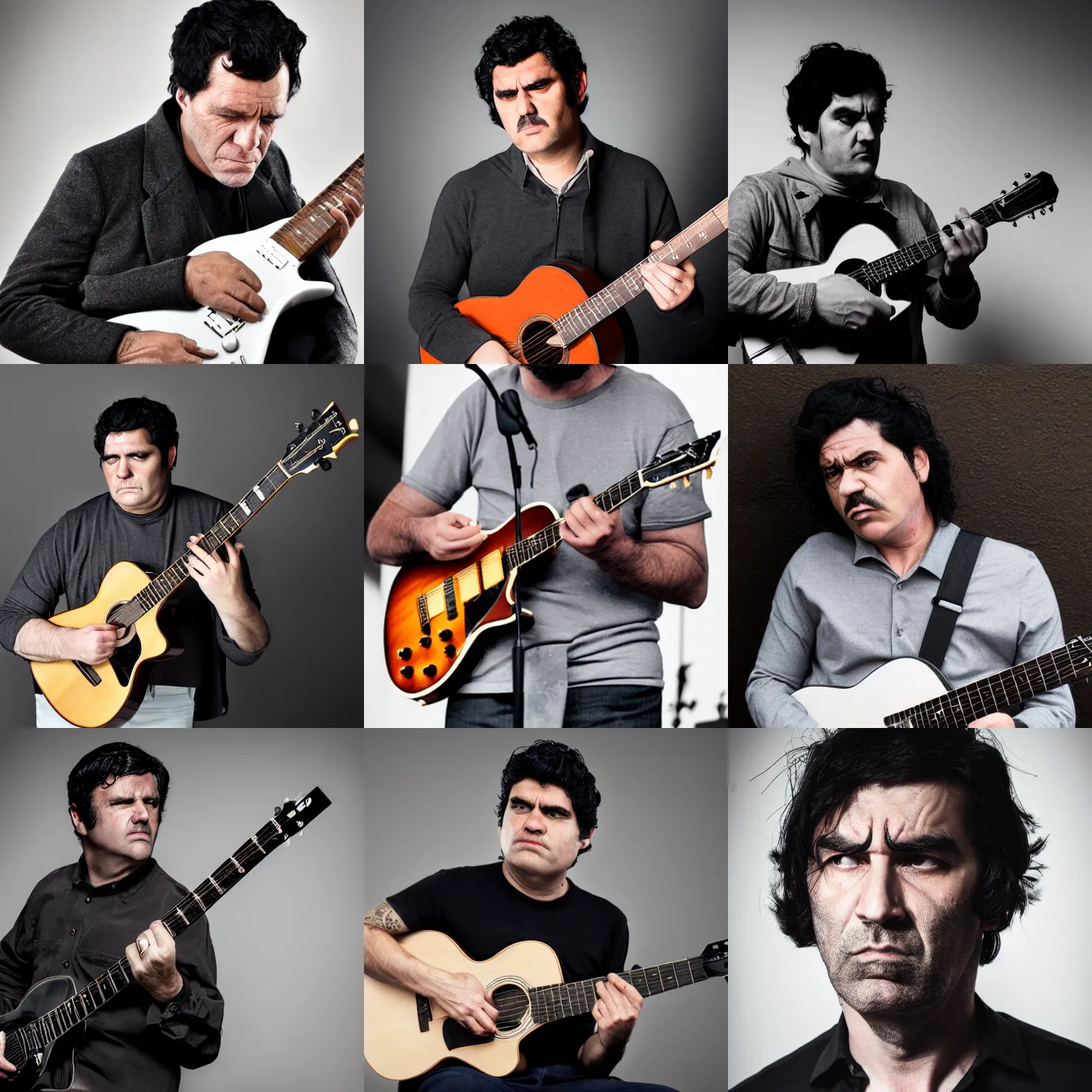 Prompt: gray - skinned brutal scowling man with black hair and guitar