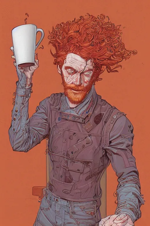 Image similar to 1 9 8 9 portrait of a red head man serving coffee. highly detailed masterpiece art by josan gonzalez.