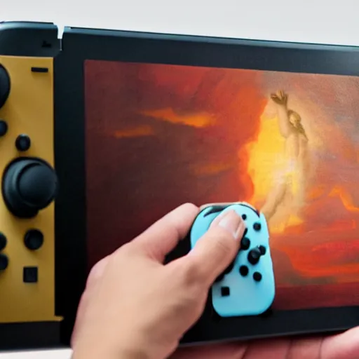 Prompt: the creation of adam fresco painting, holding a nintendo switch