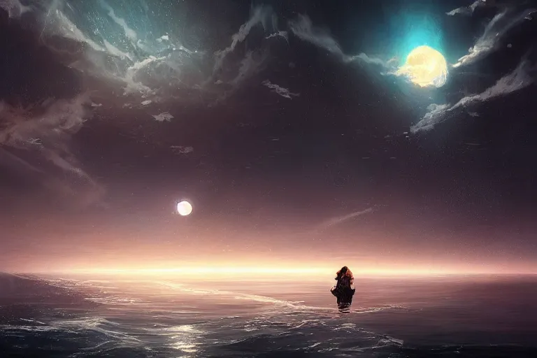 Image similar to glitched fantasy painting, the night sky is an upside down ocean, the moon is an anglerfish lure, by jessica rossier