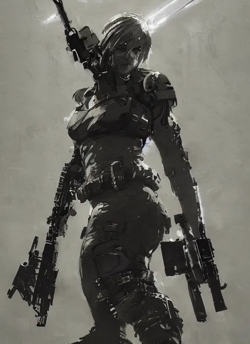 Prompt: Leni Robredo wearing metal gear armor holding a shotgun dramatic lighting art by Yoji Shinkawa by Richard Schmid by greg rutkowski by Sandra Chevrier by Jeremy Lipking cinematic dramatic