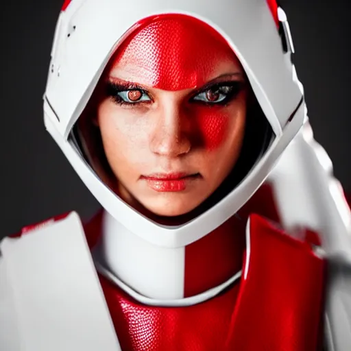 Image similar to headshot of an beautiful female soldier in glossy sleek white armor with tiny red details and a long red cape, downward angle, determined expression, on the surface of mars, night time, dramatic lighting, cinematic, sci-fi, hyperrealistic