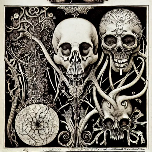 Prompt: memento mori by arthur rackham, art forms of nature by ernst haeckel, exquisitely detailed 3 d render, art nouveau, gothic, ornately carved beautiful skull mask dominant, intricately carved ornamental antique bone, art nouveau botanicals, art forms of nature by ernst haeckel, horizontal symmetry, symbolist, visionary