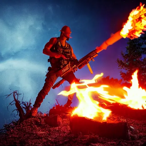 Image similar to Rambo shooting flames out of a flamethrower, moonlight, burning trees, burning computers on the floor, detailed face, real picture, 8K, action movie scene