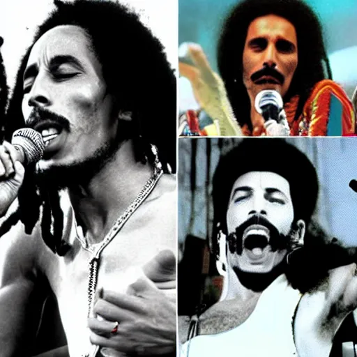 Image similar to bob marley and freddie mercury from queen performing at coachella, color photos, live concert