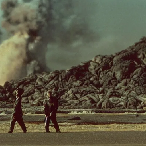 Prompt: wide scenic shot from the scene from the David Lynch production of Godzilla where the conjoined chefs cook. The chefs are conjoined at the head and neck, they share one head. Cinematic, VHS copy, film grain, 35mm film.