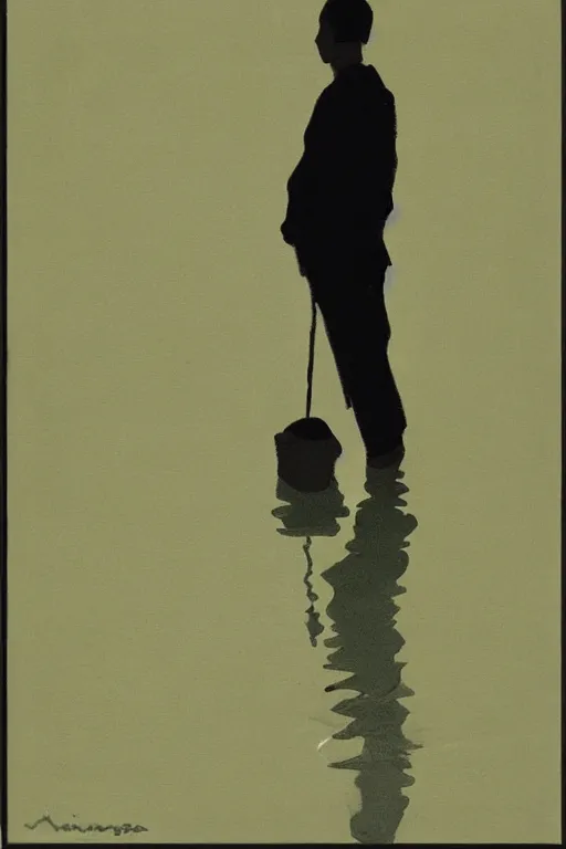 Image similar to man standing by a river, 1960’s minimalist advertising illustration, painterly, expressive brush strokes