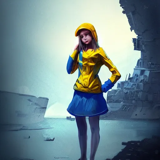 Prompt: ukrainian girl with blue and yellow clothes near big ruined warship, concept art, trending on artstation, highly detailed, intricate, sharp focus, digital art, 8 k