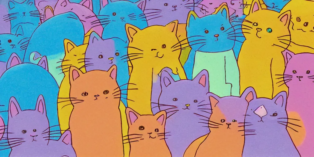 Prompt: a cat speaking to a crowd of cats, by studio ghibli, by lisa frank 8 k pastel colours, isometric, six point perspective, drone shot, smeared watercolours, golden light, film grain