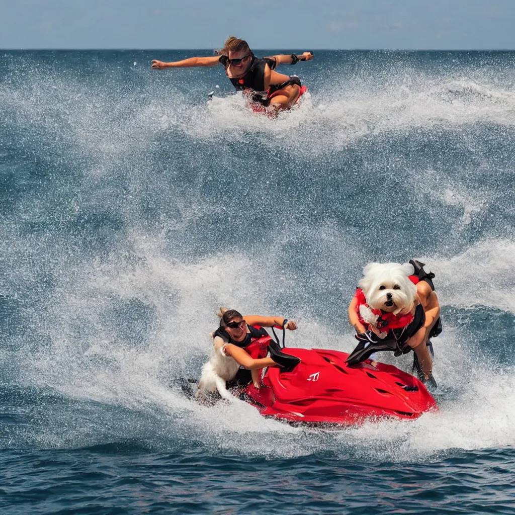 Prompt: maltese dog on a jetski with flames