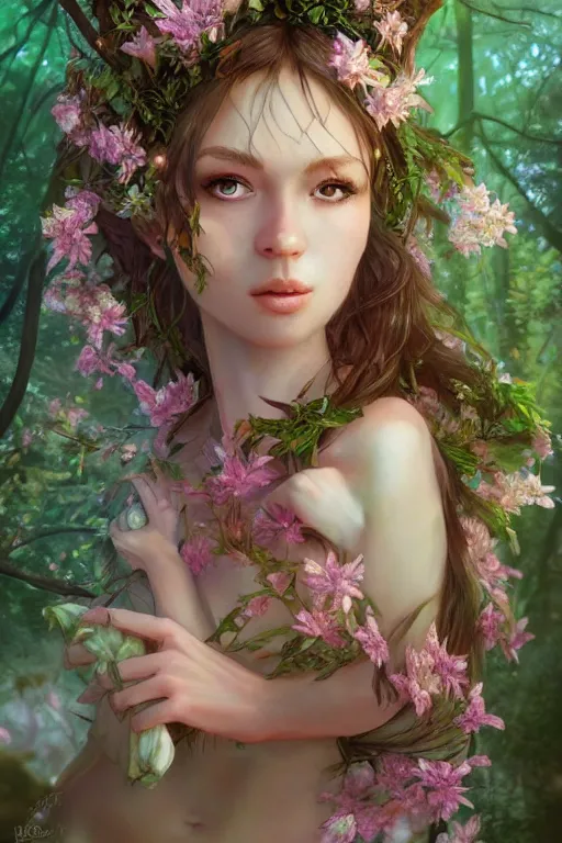 Image similar to portrait of a magical nymph druid in the forest wearing a magical flower dress, full body shot, highly detailed dramatic lighting fantasy artstation artgerm