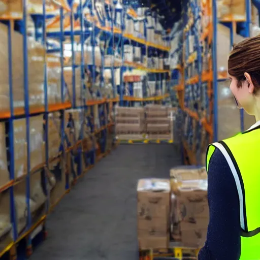 Image similar to photo, close up, emma watson in a hi vis vest, in warehouse, android cameraphone, still from industrial training video, 2 6 mm,