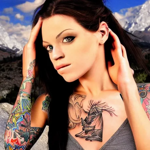 Image similar to tattoo realism design of a beautiful girl next to a mountain scenery, hyper realistic