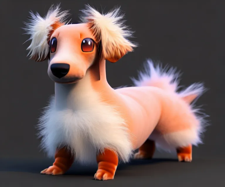 Image similar to high quality 3 d render hyperrealist very cute fluffy dachshund - pokemon, plush mascot, long spiky fluffy smooth hair, photo from the side, multi pastel colors, vray, smooth background, artstation, ultra detailed