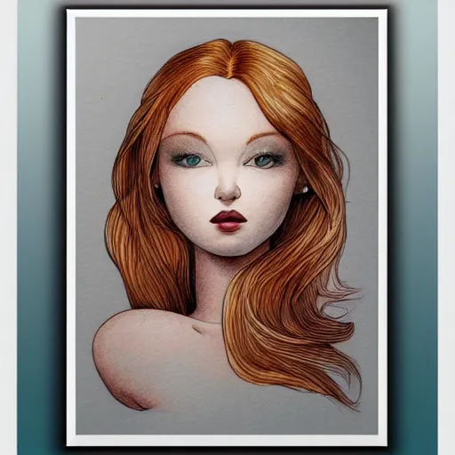 Prompt: beautiful pale redhead with giant soft dreamy eyes. Fine detailed colored ink drawing blotter art.