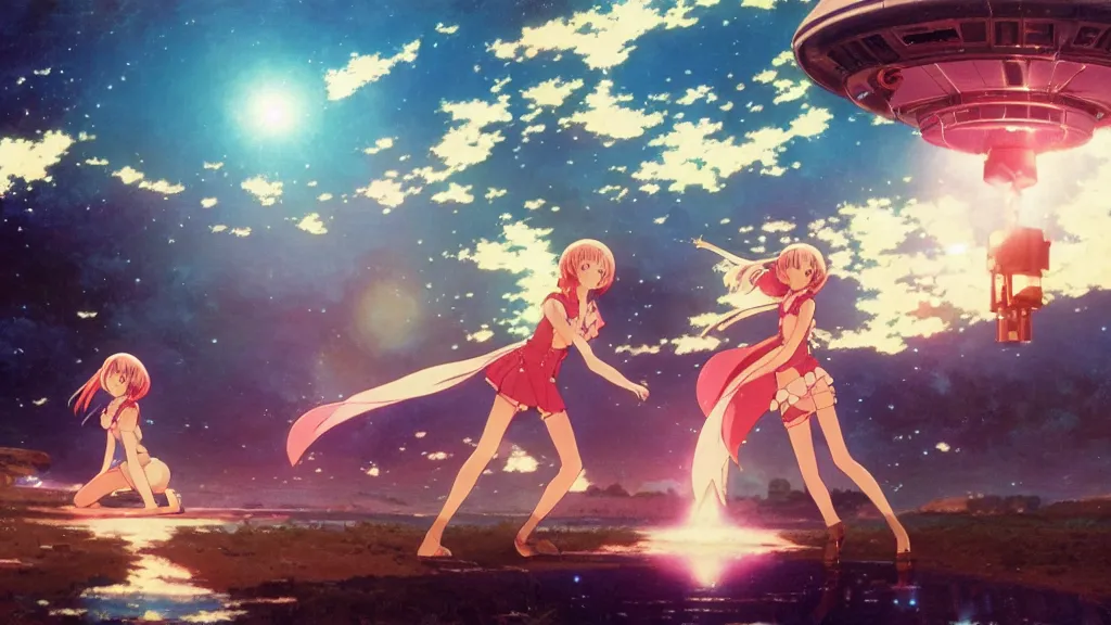 Prompt: a film still of a 1 9 7 0's anime girls going out from ufo, hdr, full body mid shot, perfect art, trending on pixiv fanbox, painted by gaston bussiere, makoto shinkai, akihiko yoshida, craig mullins