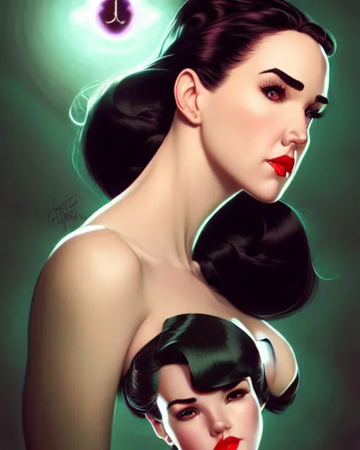 Image similar to a pin up and beautiful fashion charming dreamlke jennifer connelly, symmetrical face, symmetrical eyes, character art, art by artgerm lau and wlop and and ilya kuvshinov and john singer sargent, joshua middleton comic art