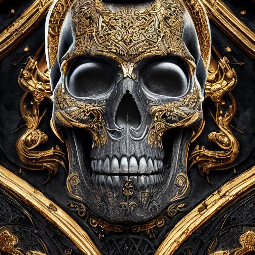 Prompt: skull in black concrete with intricate gold inlay carving in art nouveau style, hyper detailed, insane details, intricate, elegant, luxury, dramatic lighting, CGsociety, hypermaximalist, golden ratio, fog, overcast lighting, moody atmosphere, environmental key art, octane render, weta digital, micro details, 3d sculpture, ray trace, 8k