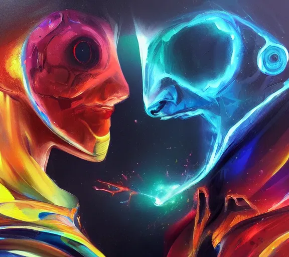 Image similar to two Artificial Intelligence fighting for creating the most impressive art painting, colorful, oil painting, digital art, trending on artstation