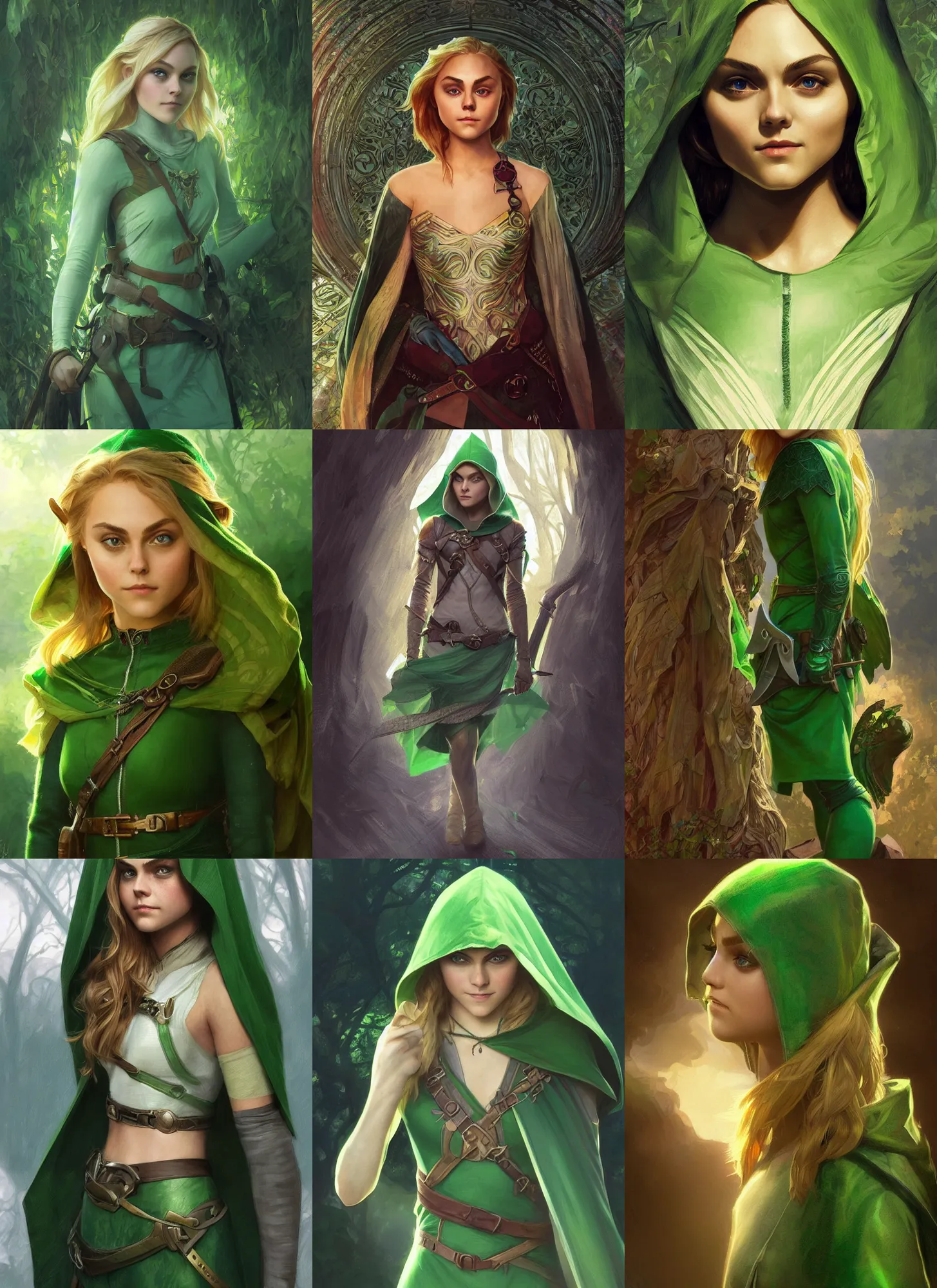 Prompt: Annasophia Robb as Link, green hood, hidden in shadow, intricate, elegant, highly detailed, digital painting, artstation, concept art, smooth, sharp focus, illustration, art by artgerm and greg rutkowski and alphonse mucha