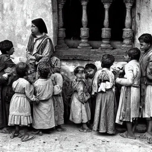 Prompt: poor children beg for money from nobles at the bazar. ancient roman times. cinematic, old photo