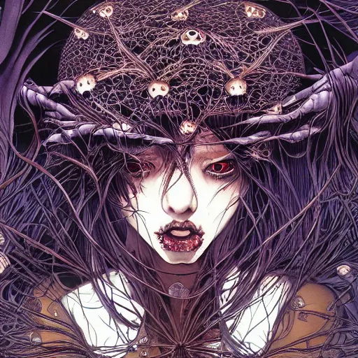 Image similar to portrait of crazy dark girl with spiders around, symmetrical, by yoichi hatakenaka, masamune shirow, josan gonzales and dan mumford, ayami kojima, takato yamamoto, barclay shaw, karol bak, yukito kishiro