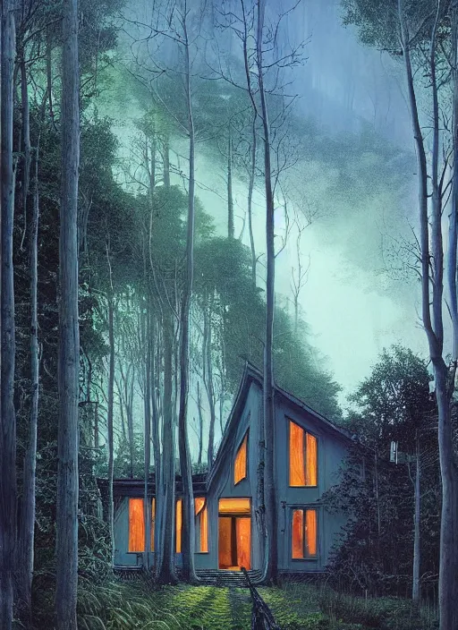 Image similar to hyper realistic witchy modern gothic house with mood lighting and tech in the woods gorgeous lighting, sunbeams blue sky, highly detailed, lush forest foliage painting by zdzisław beksinski and norman rockwell and greg rutkowski weta studio, and lucasfilm