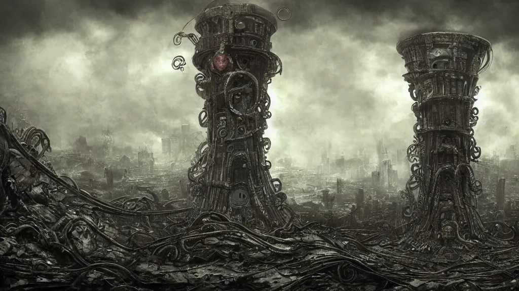 Image similar to A tower with an Eyeball at the top, BioMechanical like Giger, with tentacles coming out, looking over a stormy post-apocalyptic wasteland, dystopian art, wide lens