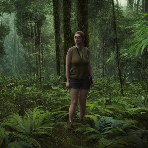 Image similar to a human Researcher standing in the rainforest, post-apocalypse, cinematic, photorealistic