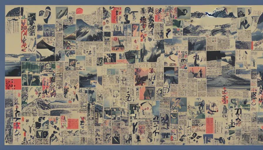 Prompt: award winning graphic design poster, cutout clips of a variety of postcards, National Geographic photographs, manga and newspaper cutouts a variety of japan travel images, not a photomosaic, natural landscape beauty, japan harvest, crafts, architecture and more, constructing an contemporary art assemblage of mount fuji and bullet train, isolated on white, photocollage painting by Yokoo Tadanori, neo-classical painting, David Hockney