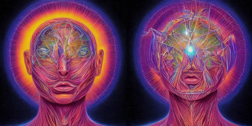 Image similar to ai transcendence into collaborative intelligence, connectedness, body, by alex grey, album cover, award winning, beautiful, colorful, volumetric lighting, trending on artstation