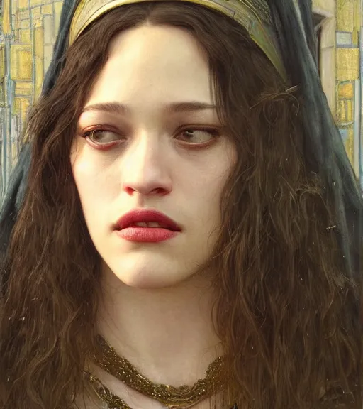 Prompt: Concept Art of cinematography of Terrence Malick film stunning portrait of featuring Kat Dennings as an ancient babylonian priestess, looking at camera, medium close up, by edgar maxence, artgerm, guweiz masterpiece, Met, award winning, incredible, perfect structure