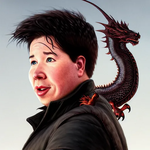 Prompt: a portrait of michael mcintyre, there is a dragon in the background, anatomy, bathed in light, highly detailed, photorealistic, artstation, smooth, sharp focus, illustration, unreal engine 5, 8 k, art by artgerm and greg rutkowski and edgar maxence