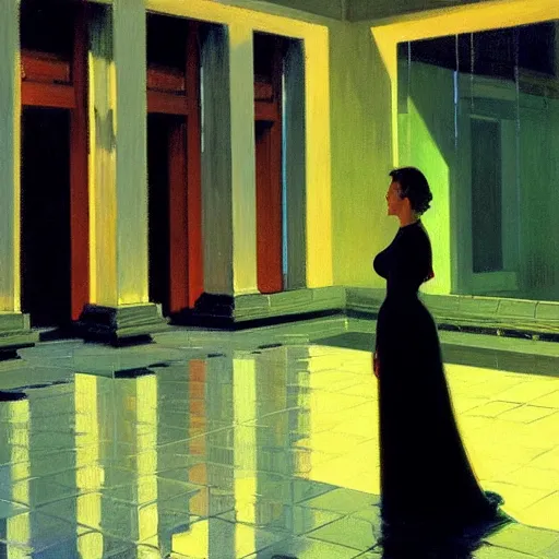 Image similar to action moment, beautiful woman portrait, courtyard, capital, cybermosque interior, control panel, watcher, omniscient, tech noir, wet reflections, impressionism, matte painting, speed painting, edward hopper, syd mead