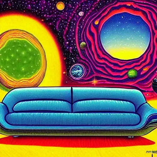 Image similar to psychedelic trippy couch in space, planets, milky way, sofa, cartoon by rob gonsalves