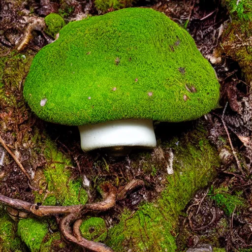 Prompt: nature photograph of a face shaped mushroom growing on the mossy forest floor