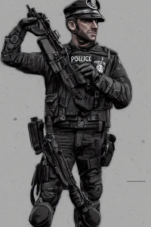 Image similar to emmanuel macron police officer, highly detailed, digital art, sharp focus, trending on art station