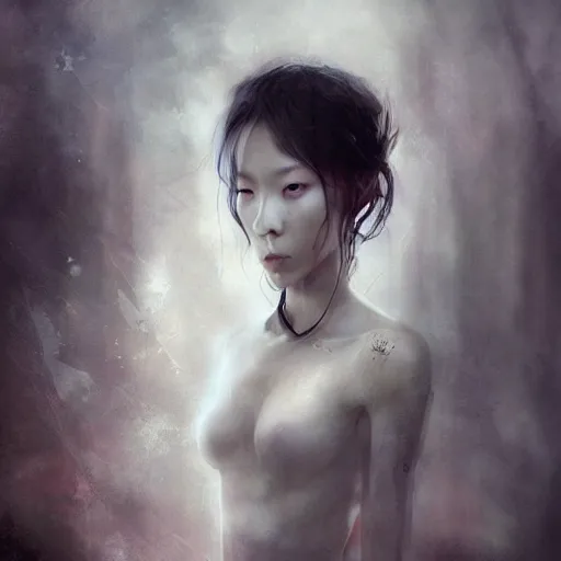 Prompt: Lee Jin-Eun by Bastien Lecouffe-Deharme, rule of thirds, seductive look, beautiful,