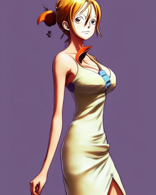 Image similar to nami from one piece, simple cream dress, detailed perfect face, mid view, by artgerm, by studio muti, greg rutkowski makoto shinkai takashi takeuchi studio ghibli