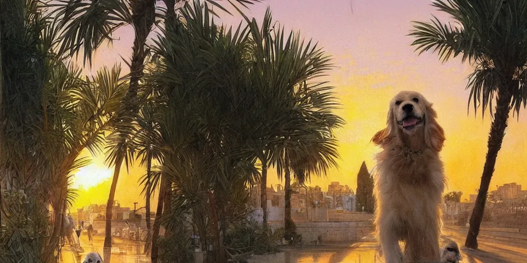 Image similar to golden retriever dog walking in tel aviv street looking at the camera. palm trees. realistic. sunset. high quality. digital art. watercolor. highly detailed. drawing. art. colorful. fluffy art by greg rutkowski and alphonse mucha