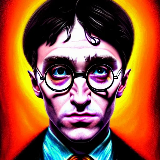 Image similar to An extremely psychedelic portrait of Harry Potter, surreal, LSD, face, detailed, intricate, elegant, lithe, highly detailed, digital painting, artstation, concept art, smooth, sharp focus, illustration