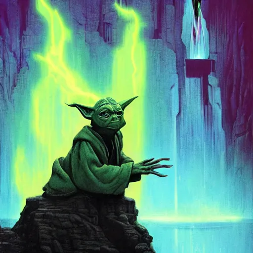 Prompt: portrait of yoda as a lizard wizard, overwhelming energy, detailed background by m. w. kaluta + bruce pennington, dark side, neon color, volumetric lighting, colorful vapor, deep dark color, floating molecules, digital painting, oil painting, artwork by ralph mcquarrie + cory loftis + andreas rocha + paul lehr + ian mcque + eddie mendoza