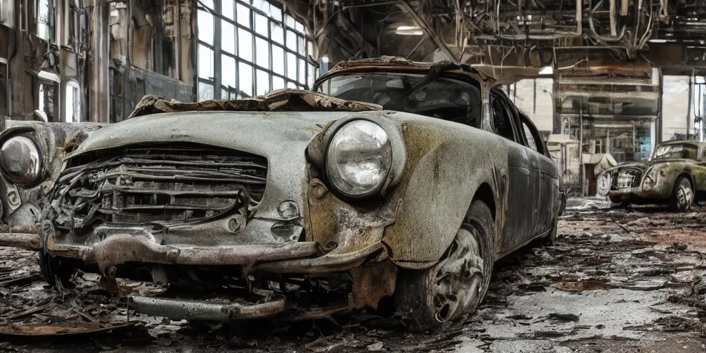 Prompt: close _ up _ of _ a _ car _ in _ an _ old _ industrial _ car _ factory _ a _ ghostly _ figure _ is _ walking _ between _ the _ broken _ cars _ everything _ is _ rusted _ and _ broken _ and _ covered in moss,