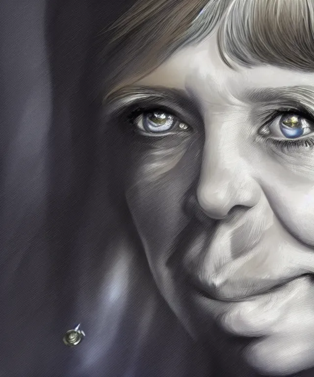 Prompt: angela merkel as a fantasy magic woman portrait, sci - fi, amber eyes, face, long hair, fantasy, intricate, elegant, highly detailed, digital painting, photo by reuters, concept art, sharp focus